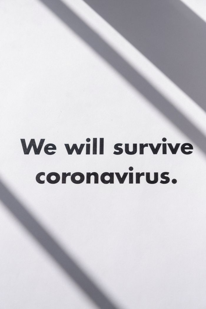 Shadowed text saying We will survive coronavirus symbolizing hope and resilience.